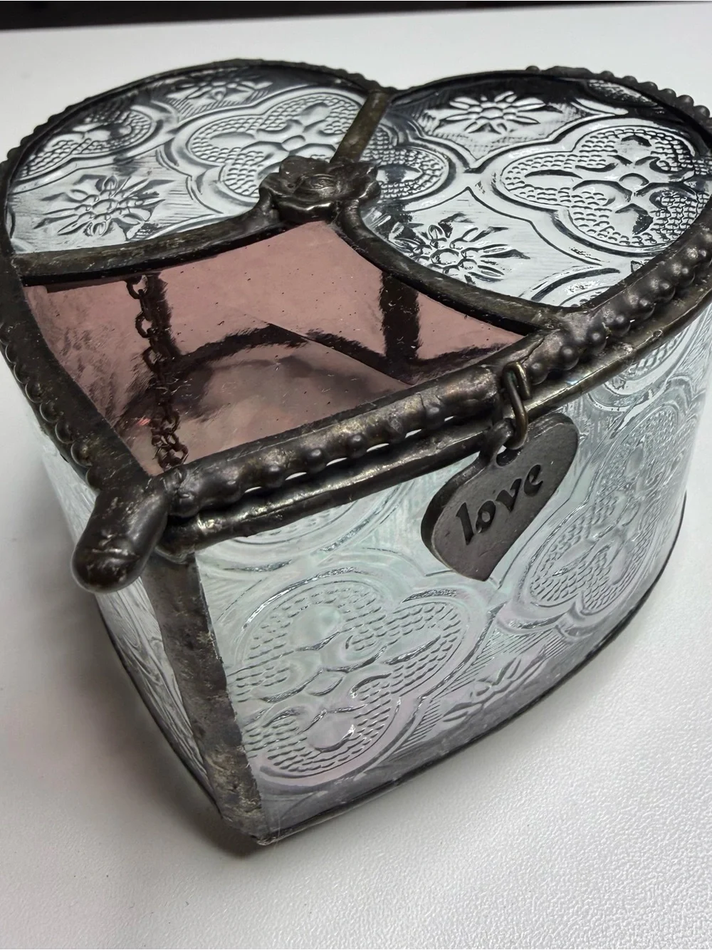 Heart Shaped Stained Glass Trinket Box - Iridescent Pink & Clear